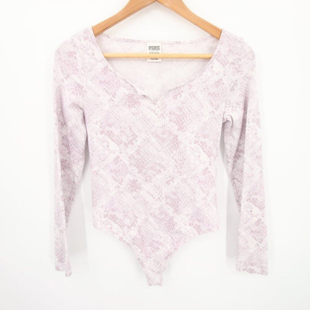 Pink Victoria's Secret Bodysuit Size XS Purple Snakeskin Pattern V Neck Long